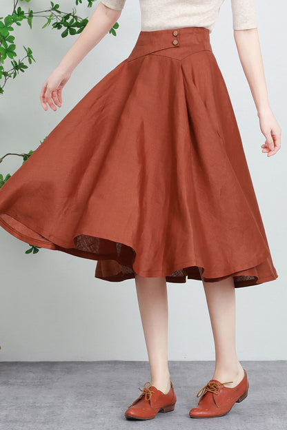 Rust Linen A-Line Midi Skirt - Flowing Circle Hem with Waist Buttons 5730