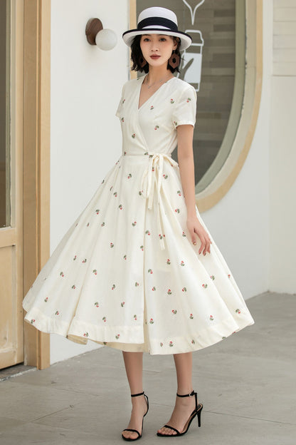 Handmade Cream White Embroidered Linen Cotton Wrap Dress – Vintage Summer Midi 5835