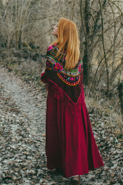 Burgundy Linen Cotton Maxi Dress - Pleated Waist & Lantern Sleeves 5105