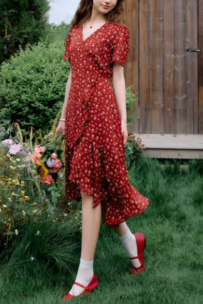 Red Floral Dress with Soft Asymmetrical Hem | Xiaolizi 6825