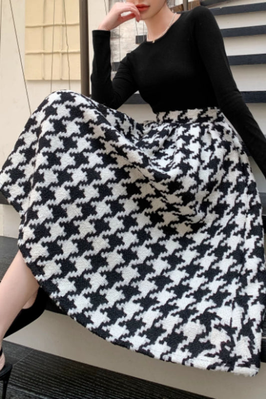 Black & White Houndstooth Wool Skirt – Vintage Swing Midi Winter Skirt | Xiaolizi 6596
