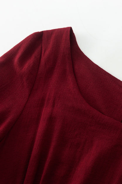 Burgundy Linen Maxi Dress - High Waisted, Flowing Silhouette 4924