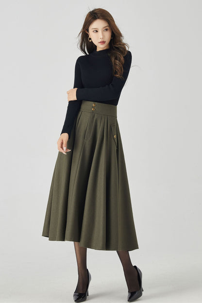 Vintage Wool Blend Pleated Midi Skirt – Handmade High Waist Winter Skirt | Xiaolizi 5249