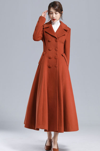Rust Brown Wool Coat – Vintage Double-Breasted Fit and Flare Overcoat 3233