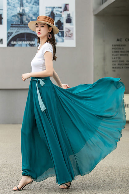 Blue Long Chiffon Maxi Skirt Women 4270