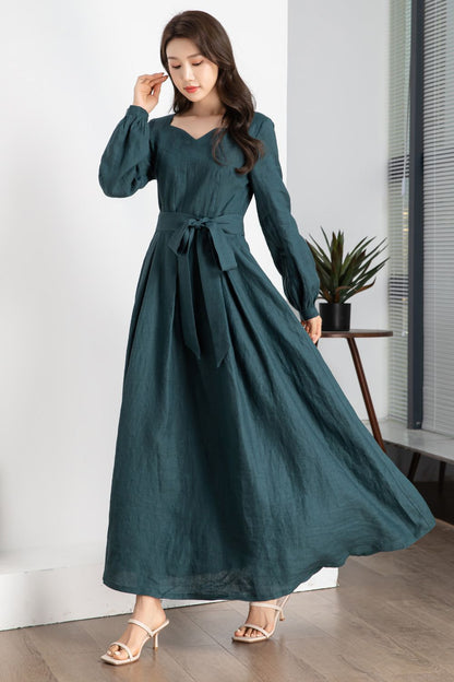 Teal Linen Maxi Dress - A-Line Silhouette with Waist Tie 5639
