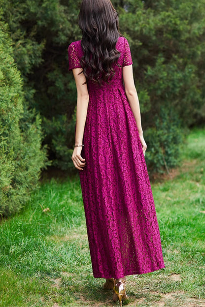 Purple Lace Maxi Dress - Short Sleeve, Fitted Waist 4993