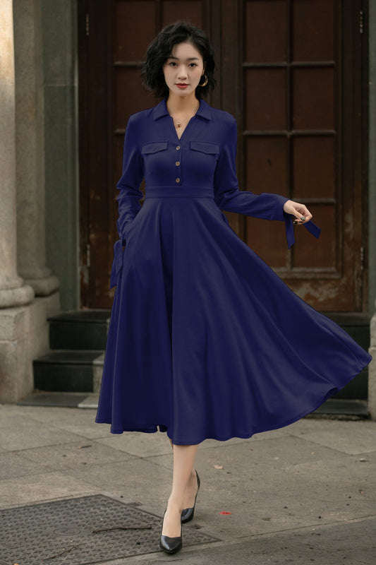 Handmade Linen Cotton Midi Shirt Dress – Vintage Elegant Swing Dress for Women 6286