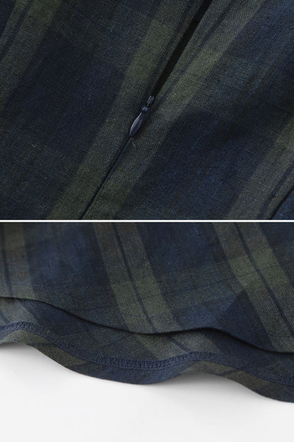Plaid Linen Cotton Midi Dress - Square Neck Pinafore Pockets | Xiaolizi 6080