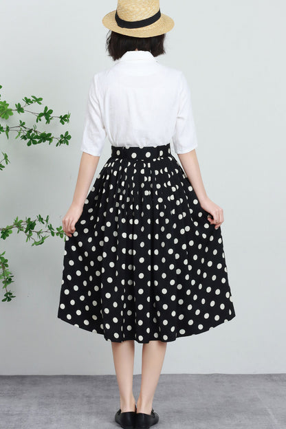 Black & White Polka Dot Polyester Midi Skirt - High-Waisted Pleated A-Line 5739