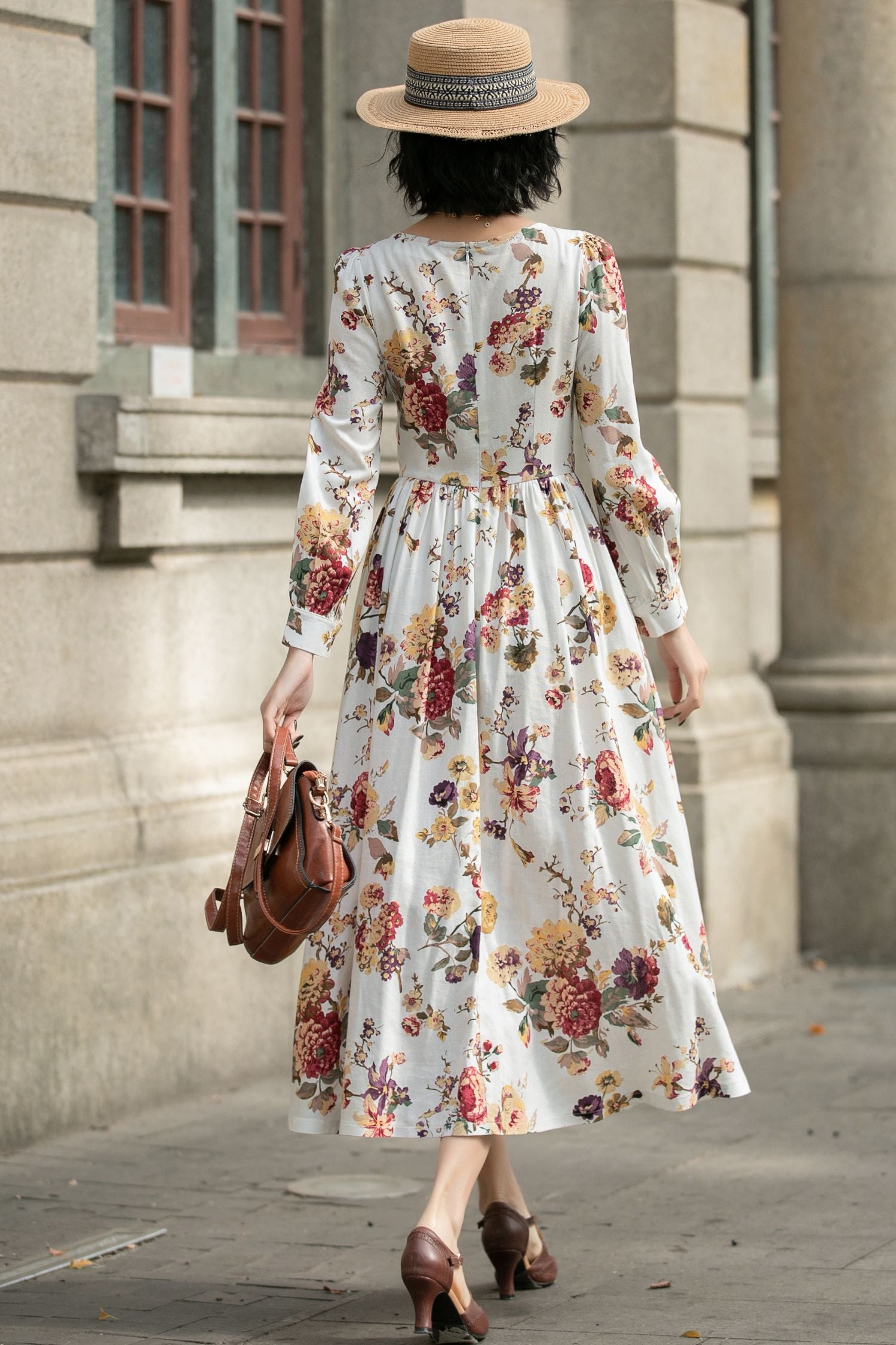 Floral Linen Maxi Dress Handmade Long Sleeve Vintage Swing Dress | Xiaolizi Floral / XS Floral Linen Maxi Dress Handmade Long Sleeve Vintage Swing Dress | Xiaolizi Floral / XS