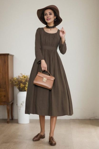 Brown Linen Midi Dress - A-Line Silhouette with Long Sleeves 5515