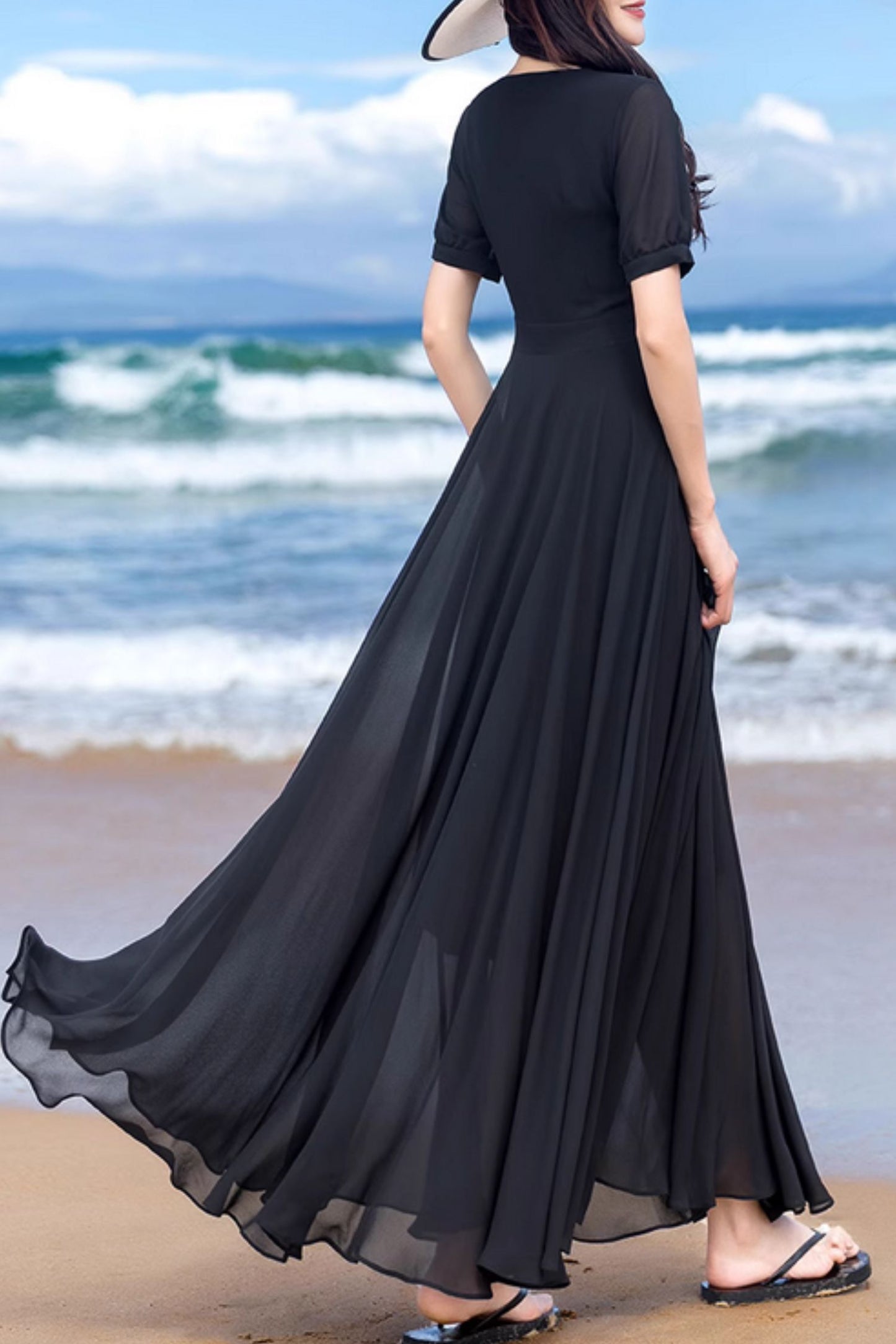 Fit and flare black maxi swing summer chiffon dress 5153