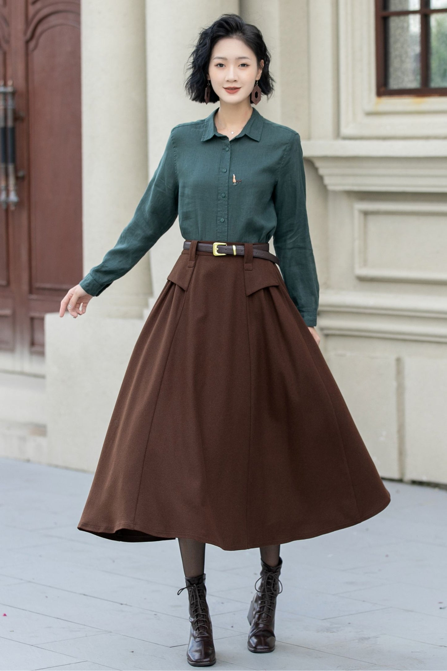 A line brown midi wool skirt women 5356