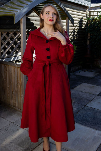 Red Wool Blend Hooded Coat - Lantern Sleeves & Tie Waist 3174