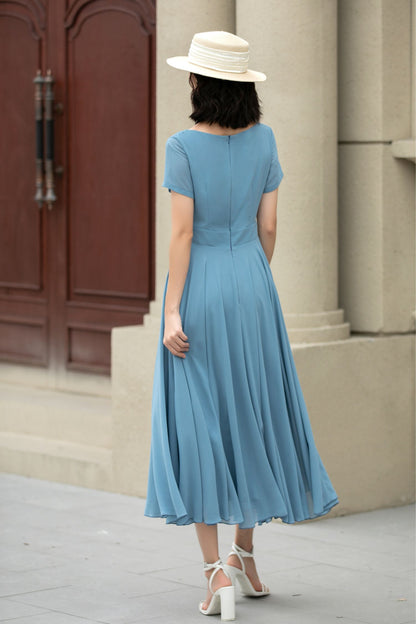 Blue Chiffon Midi Dress - Swing Silhouette with Fitted Waist 5147