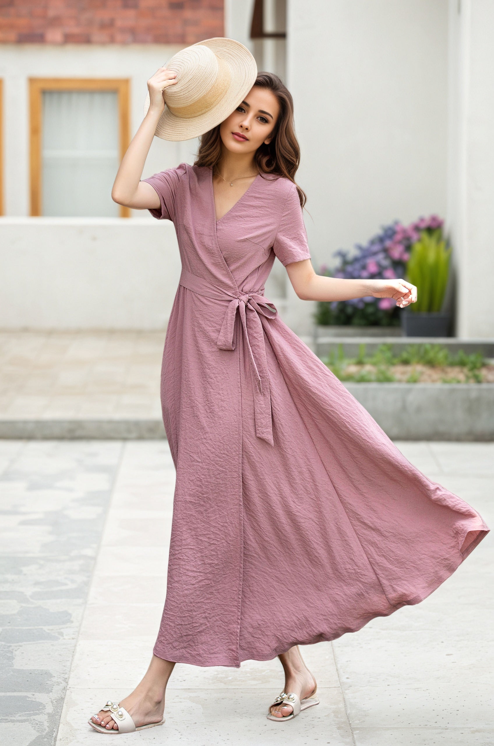 Blush Pink Linen Wrap Midi Dress with A-Line Silhouette – Xiaolizi