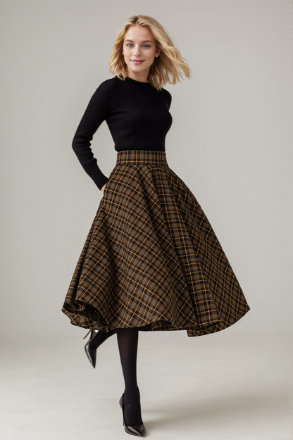 Brown Wool Midi Swing Skirt - High Waist A-Line Plaid 5329