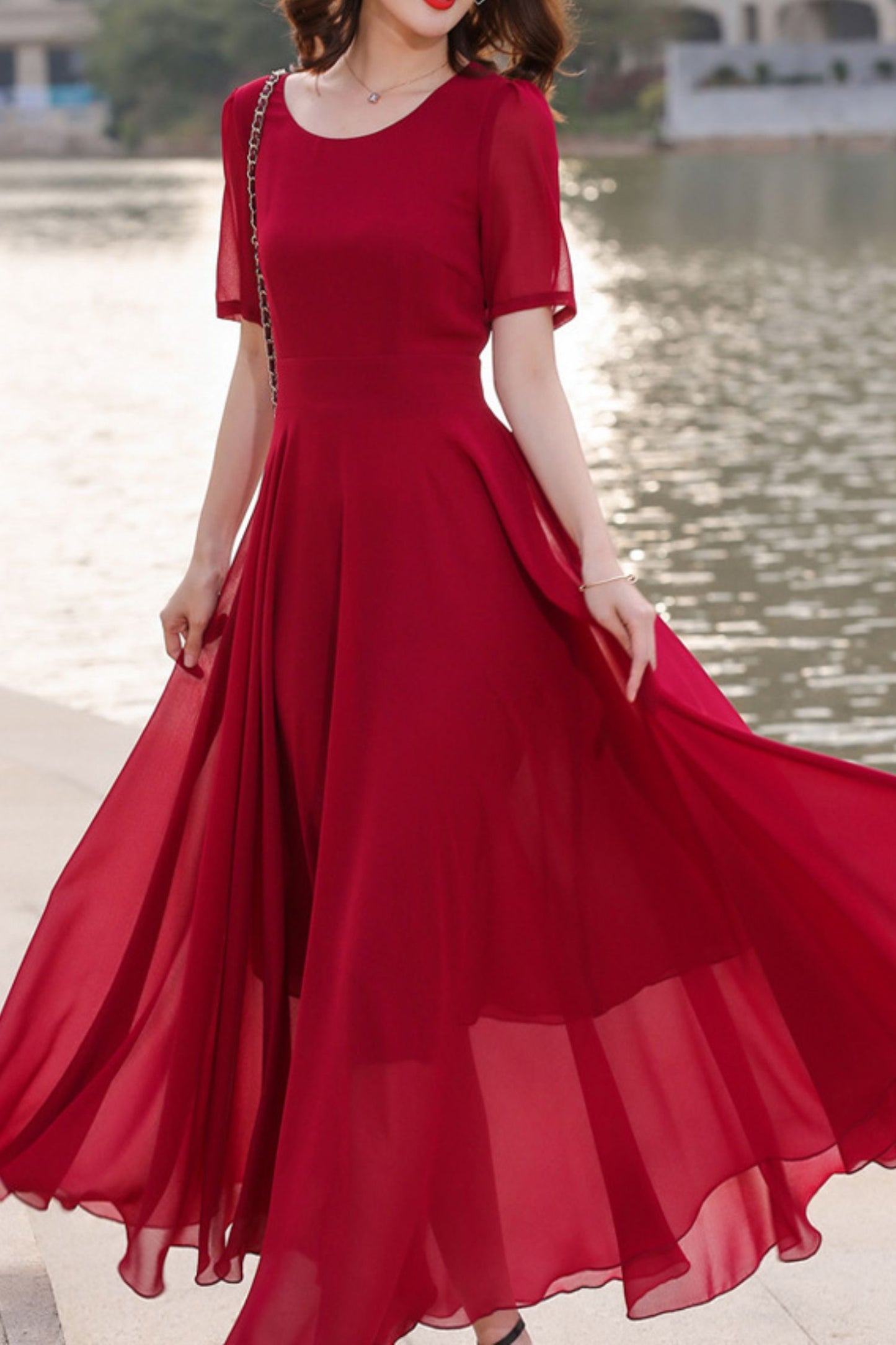 Prom fit and flare red chiffon dress HY0032