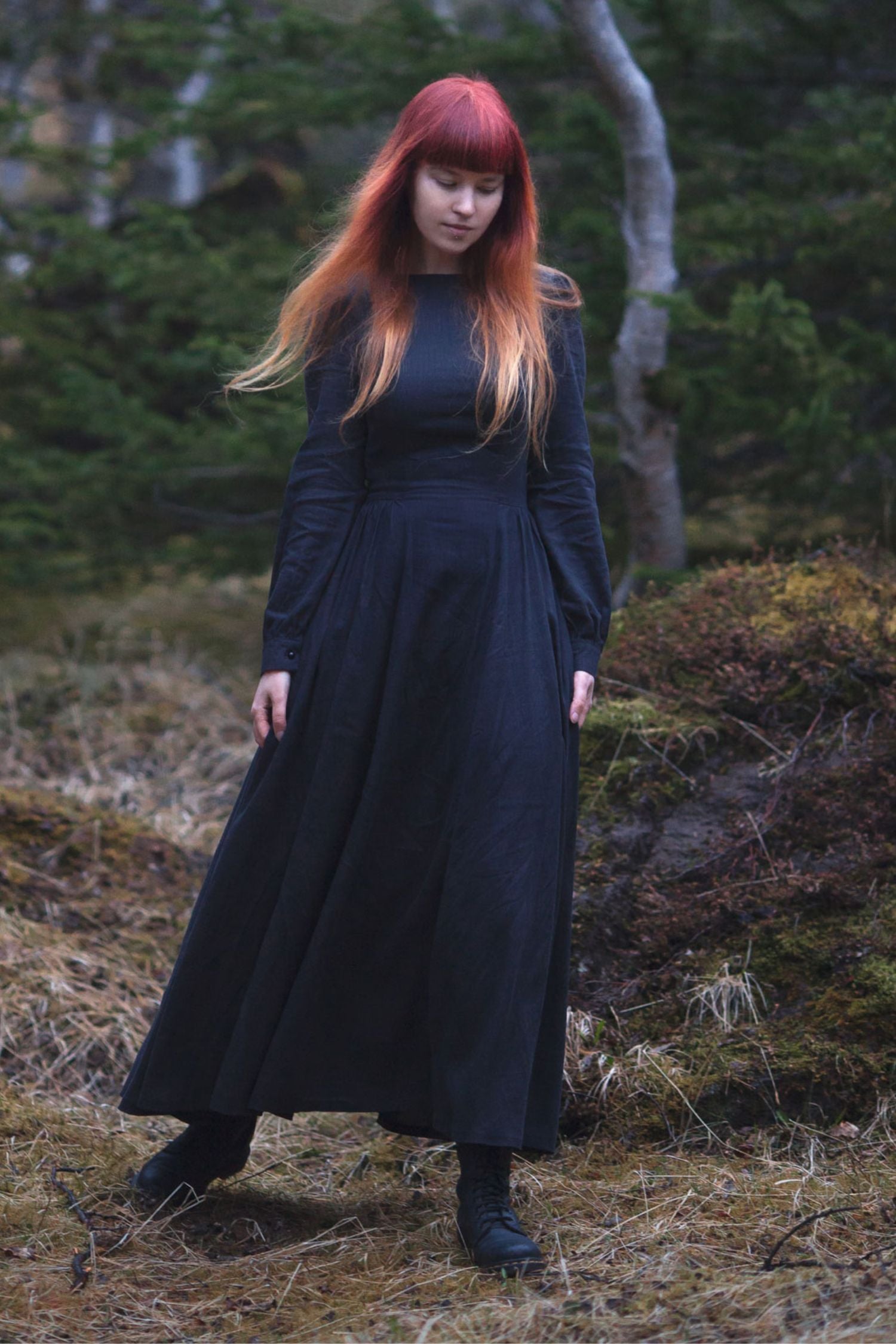 Navy Linen Cotton Maxi Dress – Vintage Boat Neck Long Lantern Sleeve 3052 Navy / XS