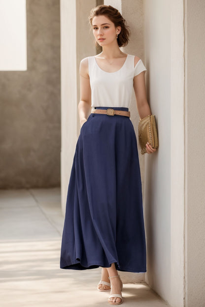 Navy Blue Linen Blend Maxi Skirt - High Waist A-Line with Pockets 5131