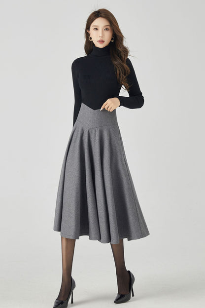 Handmade Deep Gray Wool Midi Skirt – Vintage V-Waist Circle Skirt for Winter Elegance 4534