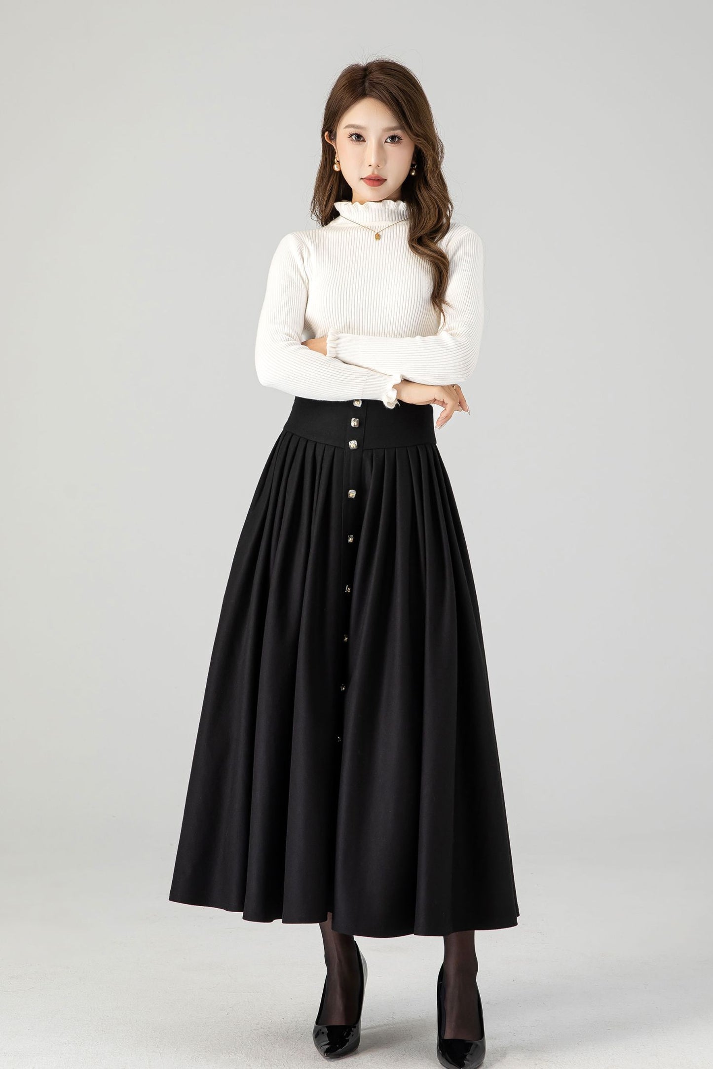 Swing black long pleated wool skirt 4611