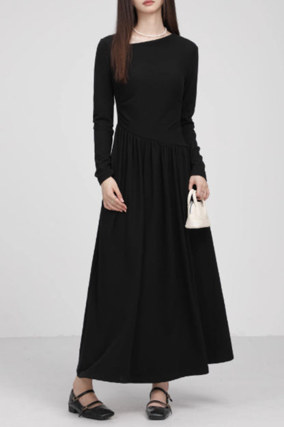 Black Wool Knit Dress - Asymmetrical Long Sleeves 5598
