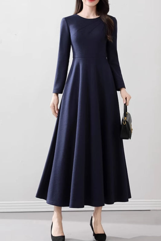 Navy blue swing long wool dress 5535