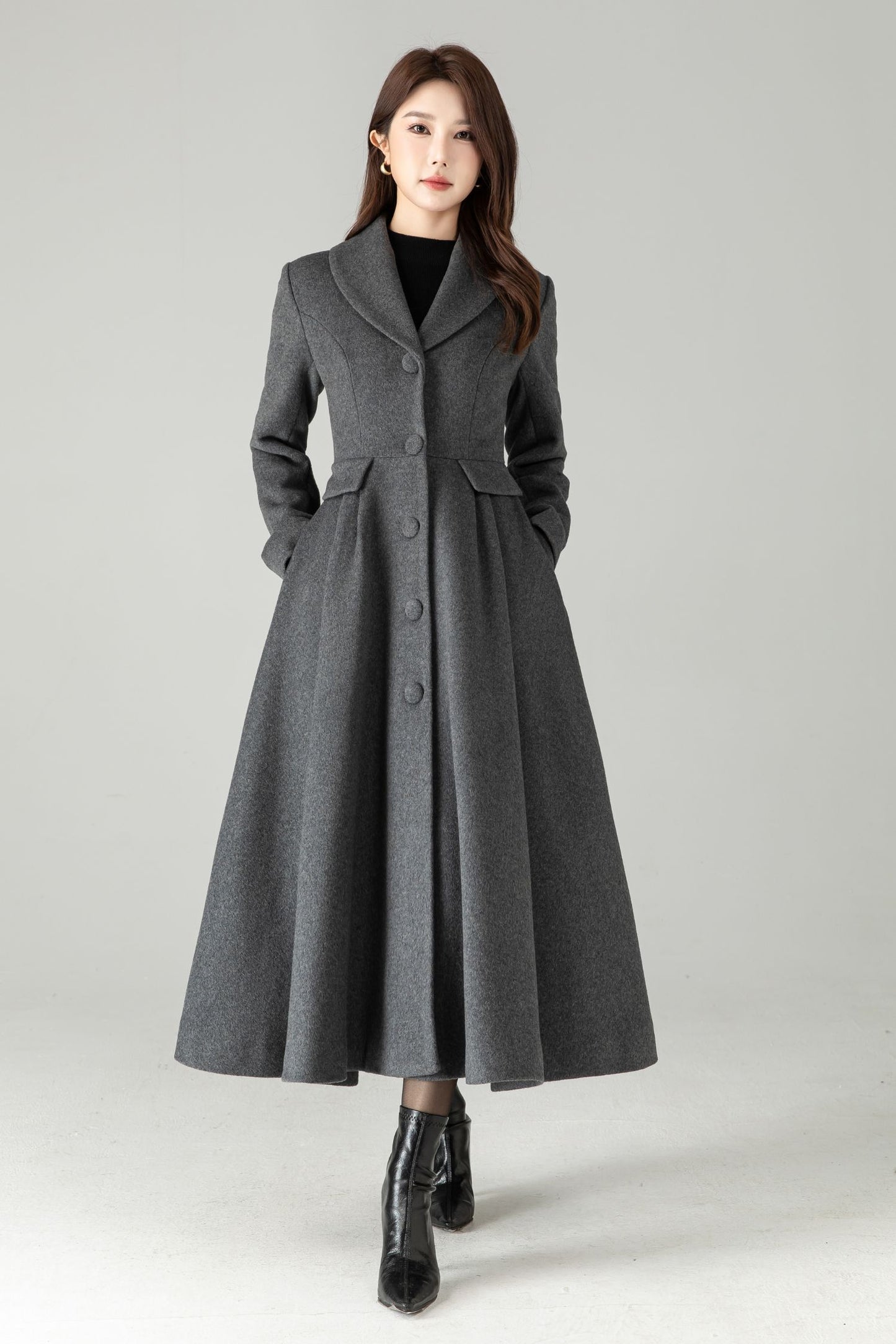 Gray Wool Maxi Coat – Single-Breasted Fit & Flare Long Winter Coat | Xiaolizi 6571