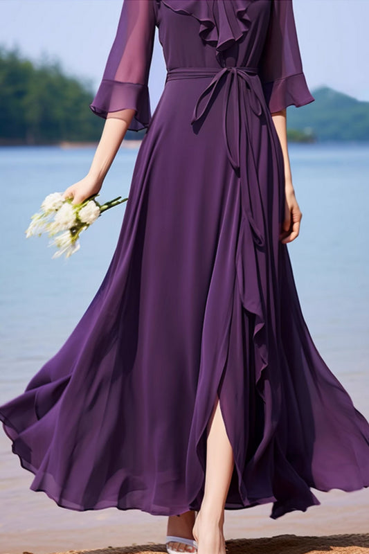 Purple maxi prom chiffon dress with ruffle details 5165