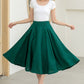 Classic Dark Green Linen Midi Skirt – High-Waisted A-Line Flare – 5834