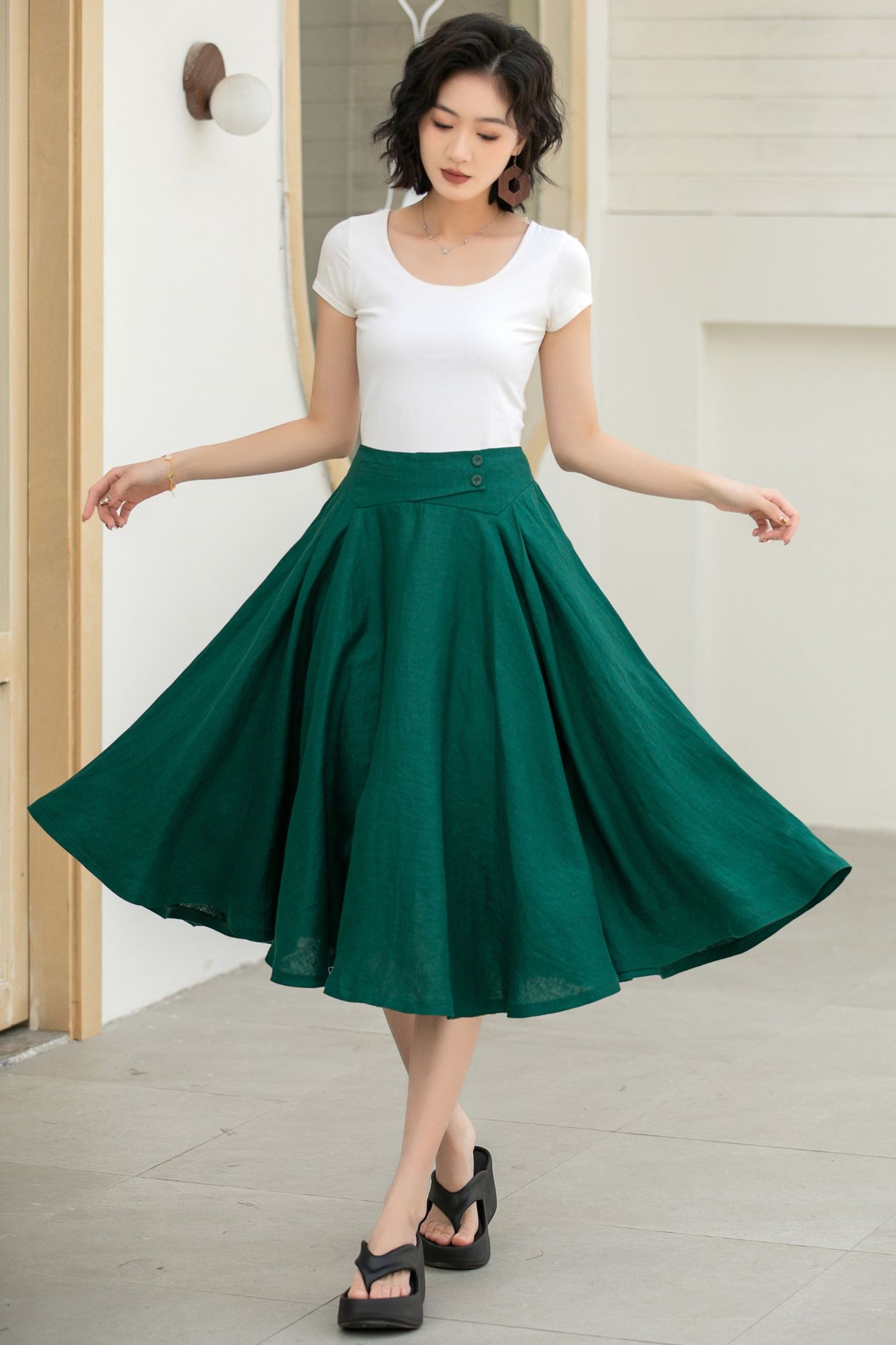 Classic Dark Green Linen Midi Skirt – High-Waisted A-Line Flare – 5834