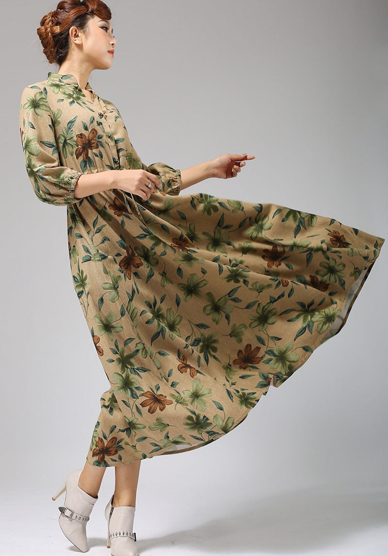 Handmade Floral Linen Shirt Dress – Vintage Drawstring Maxi Dress | Xiaolizi 696