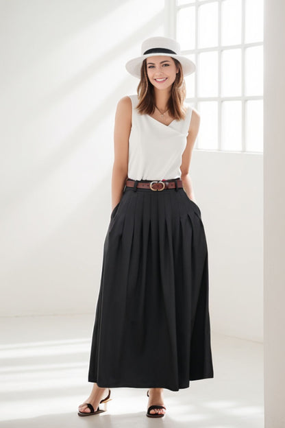 Women Black Pleated Linen Maxi Skirt with Pockets  2777