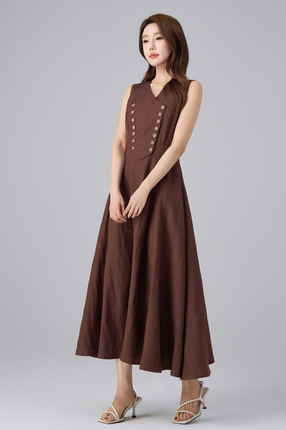 Brown Linen Cotton Pinafore Dress - V-Neck Maxi | Xiaolizi 6757