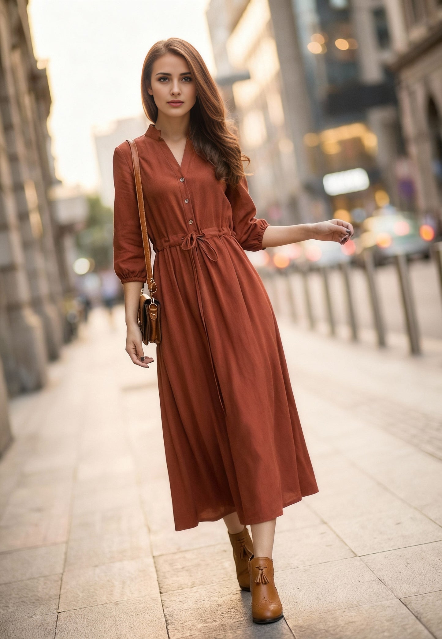 Rust Linen Maxi Shirt Dress with Drawstring Waist and Buttons | Xiaolizi 6634