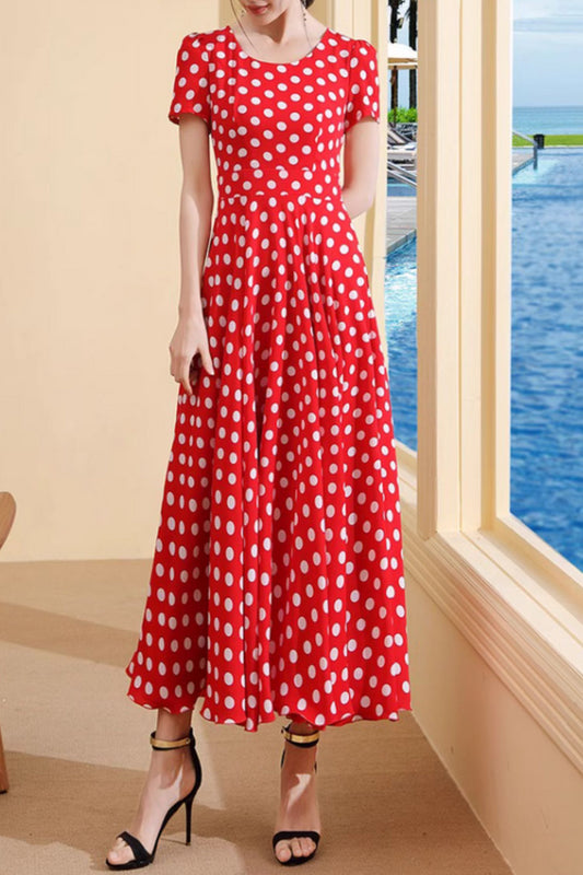 Red and white polka dot long chiffon dress 5019