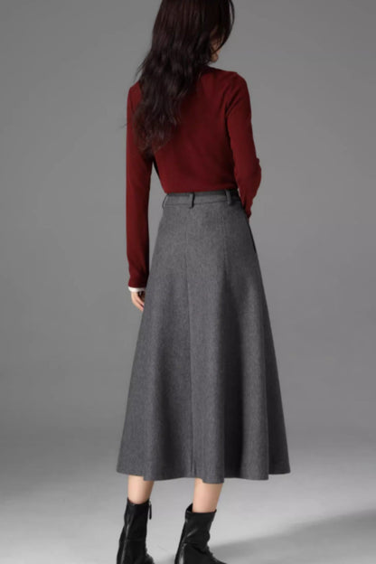 Gray Wool Midi Skirt - A-Line Silhouette with Pockets 5470
