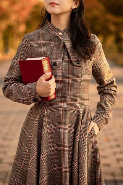 Plaid Wool Fit & Flare Dress - Knee Length Long Sleeve | Xiaolizi 4080