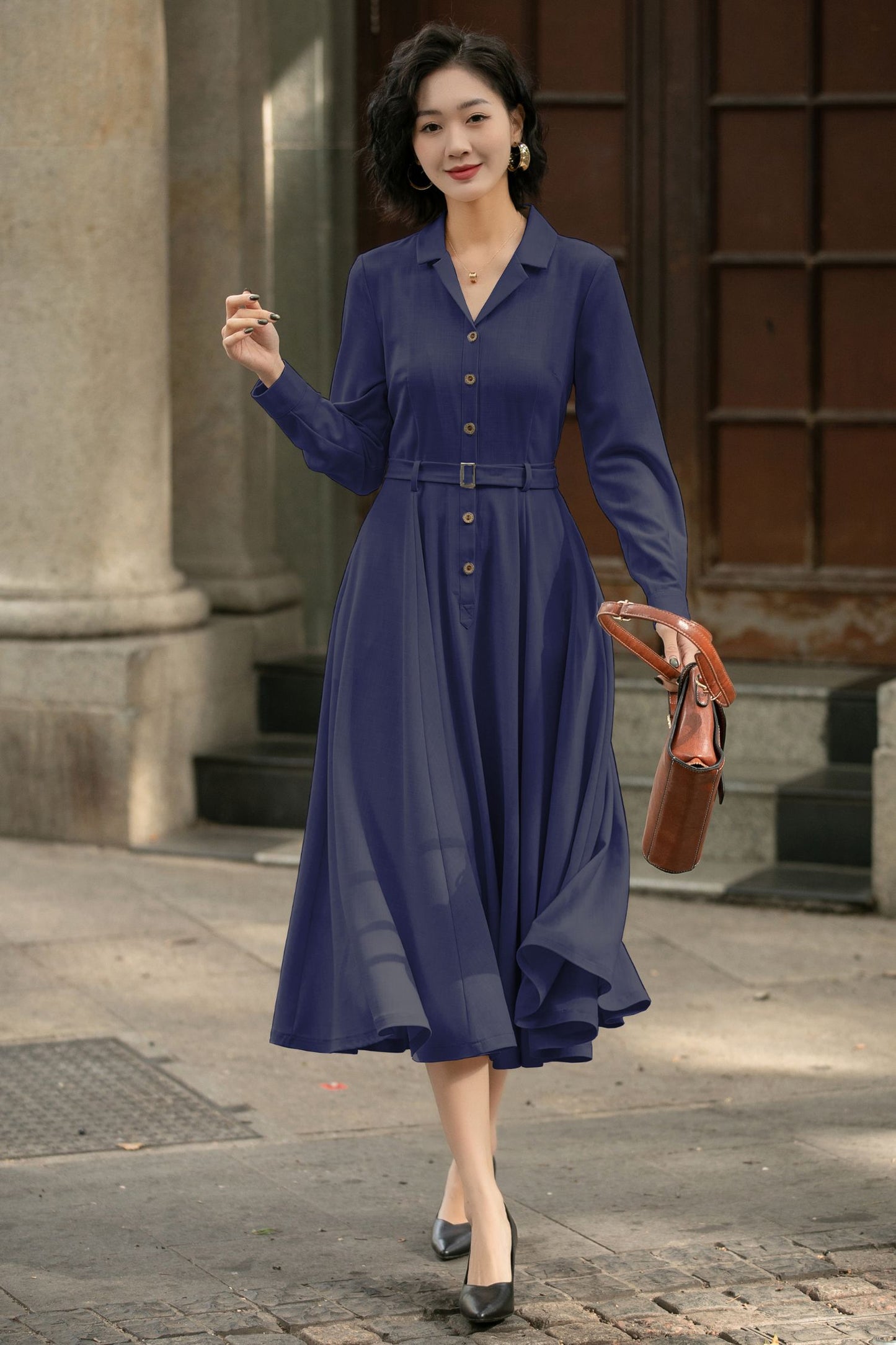 Xiaolizi Linen Shirt Dress – Vintage Belted Swing Midi Dress 6283