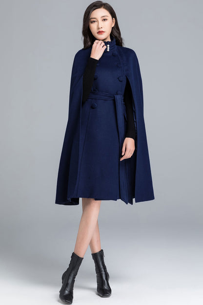 Blue Wool Cape Coat – Women’s Elegant Stand Collar Winter Cloak 2487