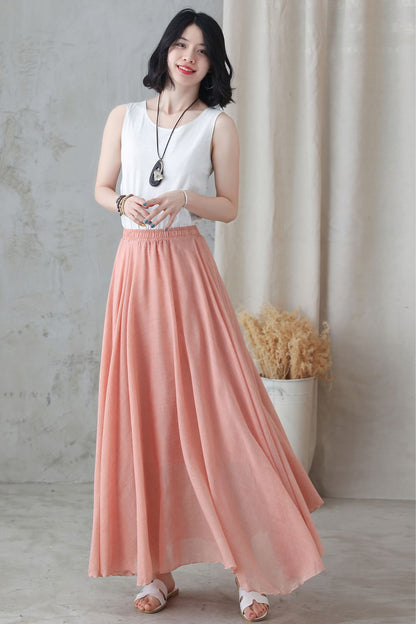 Pink Linen Maxi Skirt - Flowy Bohemian Circle Skirt 2745