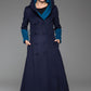 Navy blue long wool coat for winter with hood 1416#