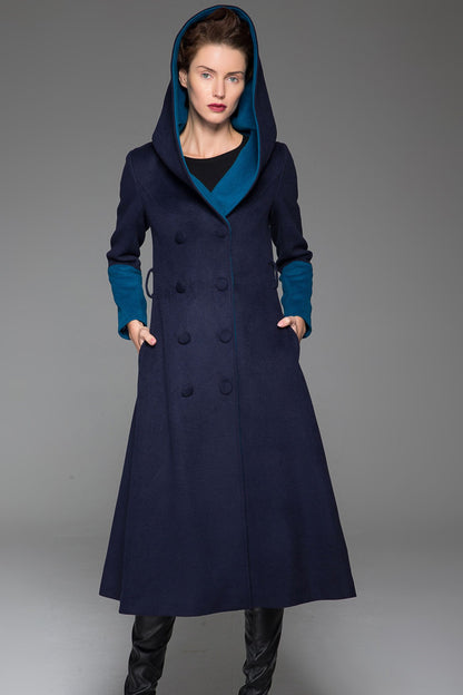 Navy Wool Coat with Teal Accents - Oversized Hood and Flared Silhouette 1416