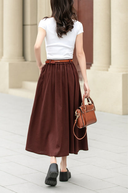 A line brown button front midi linen skirt 4949