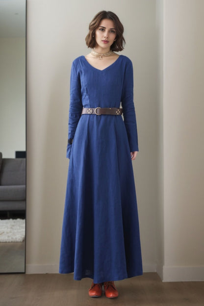 Blue Linen Maxi Dress - V-Neck A-Line Silhouette 5514