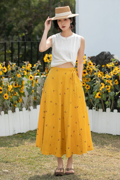 Xiaolizi Linen Wrap Midi Skirt – Mustard Yellow Floral A-Line Summer Skirt 6688