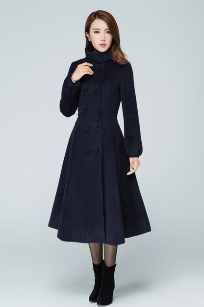 Navy Wool Fit and Flare Long Coat - Double Breasted Elegant Silhouette 1600