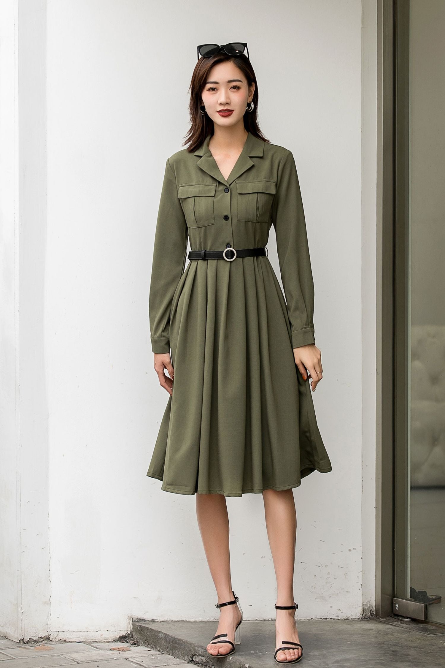 Green Polyester Shirt Dress | Long Sleeve Midi | Xiaolizi 2846 Green Polyester Shirt Dress | Long Sleeve Midi | Xiaolizi 2846